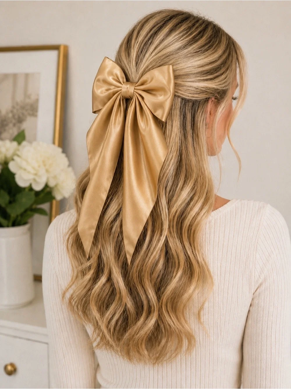 Gold Satin Oversized Hair Bow Clip - Elegant Women’s Hair Accessory